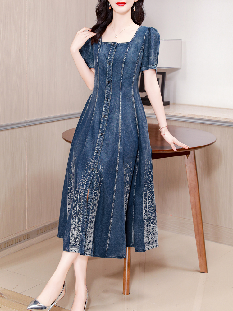 Vintage Fashion In Chinese - TIYIHAILEY-Long Mid-Calf Short Sleeve Denim Dress,